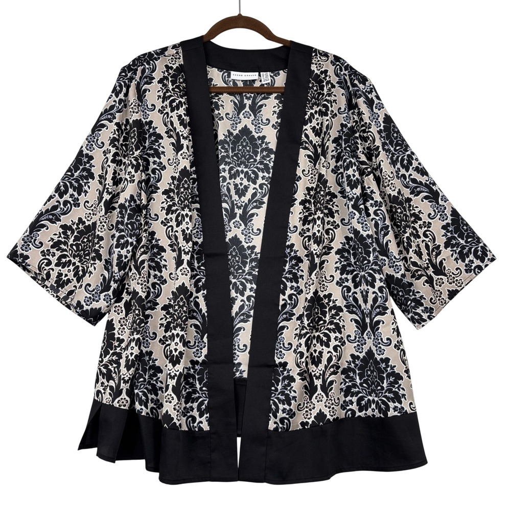 Susan Graver Damask Open Front Cardigan Women 2XP Black Tan A390511 Floral